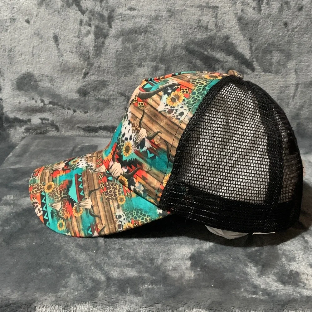 Womens Western Bull Skull Sunflower Ponytail Trucker Hat Mesh Back Cap Multi